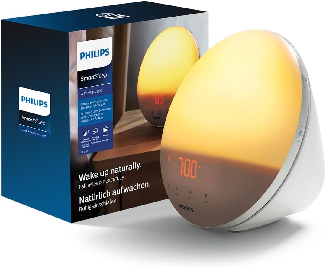 Philips Wake-up Light, simulation de lever de soleil coloré, 20 intensités lumineuses, 7 sons naturels, lumière de minuit (modèle HF3531/01)