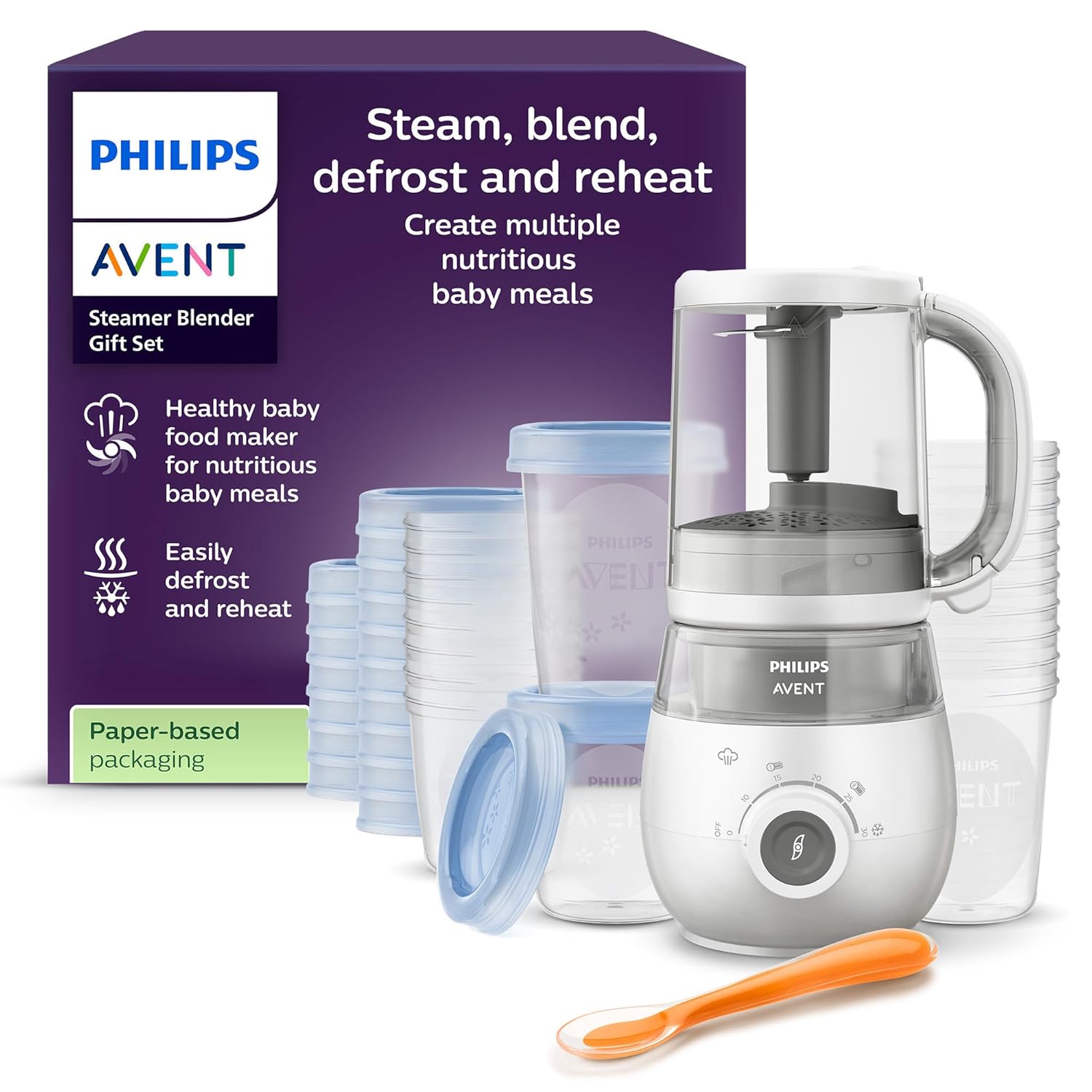 Philips Avent Geschenkset mit Dampfgarer und Mixer SCF883/20 – 4-in-1-Babynahrungszubereiter, Dampfgaren, Mixen, Entfrosten und Aufheizen von Babynahrung, mit Milchbehältern und Deckeln,