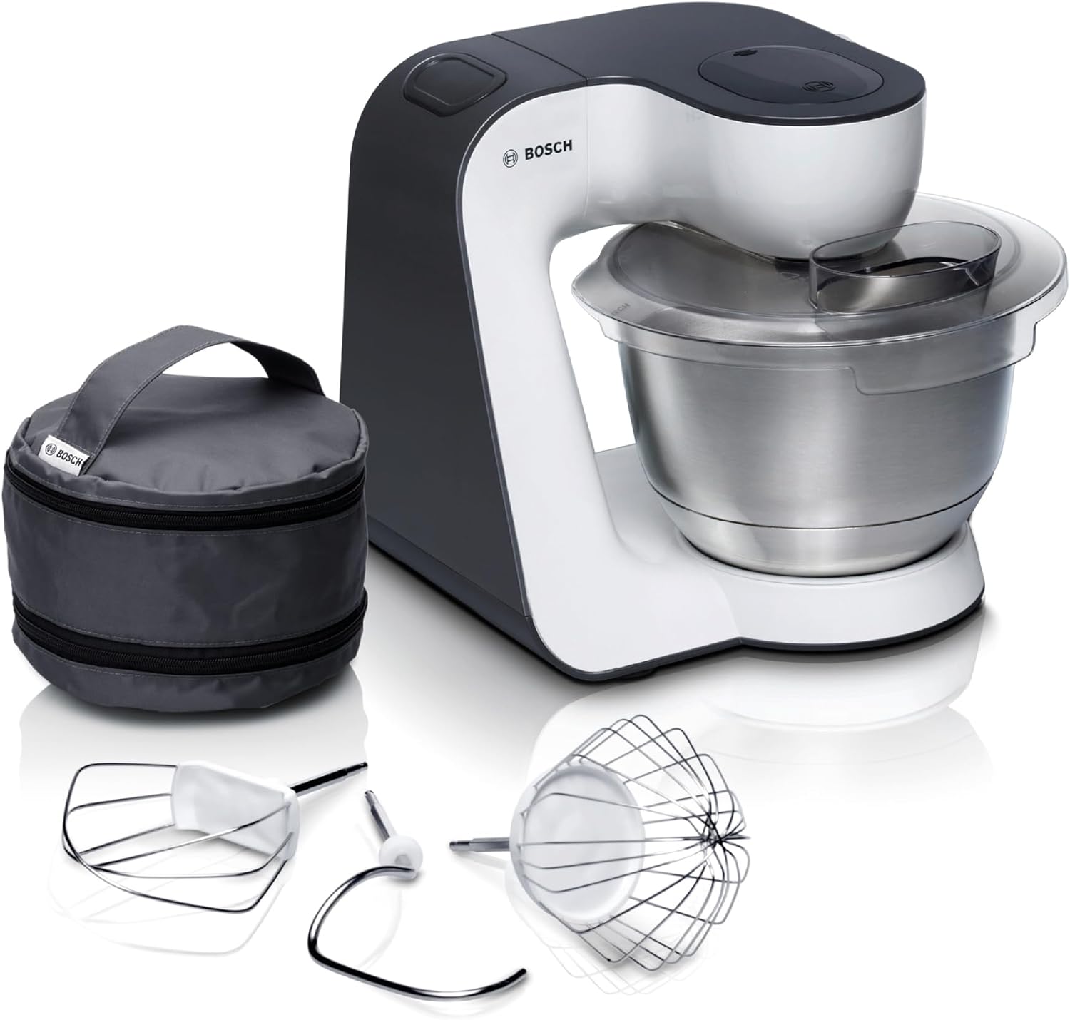 Bosch Küchenmaschine Serie 4 MUM54A00, Edelstahl-Schüssel 3,9 L, Planetenrührwerk, Knethaken, Schlag-, Rührbesen, 900 W, Weiß/Schwarz