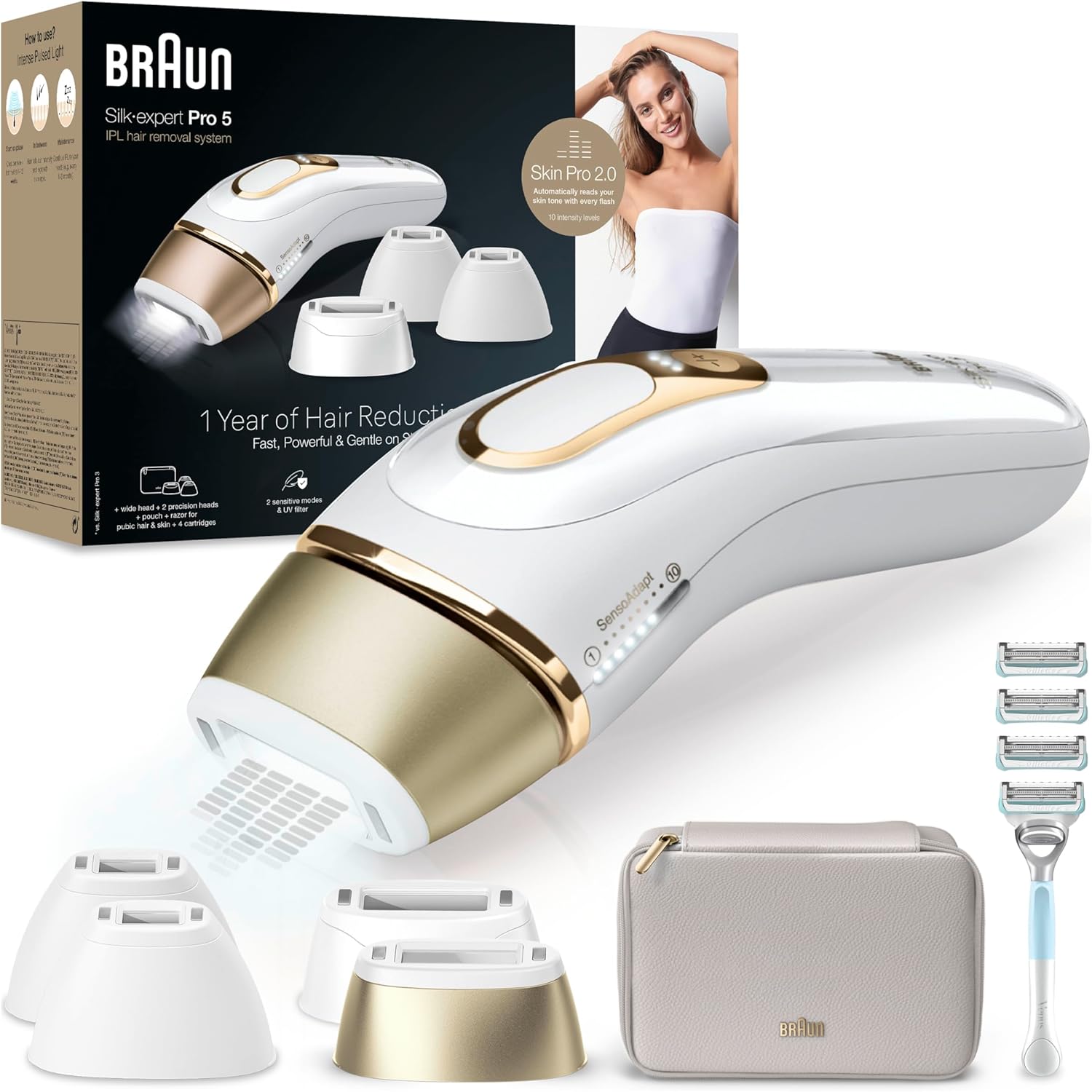 Braun IPL Silk·expert Pro 5 PL5358 – IPL Haarentfernungsgerät, Dauerhafte und Schmerzfreie Haarentfernung für Zuhause – inkl. Etui, Venus Rasierer, 4 Aufsätze, Designed in Germany – Weiß/Gold