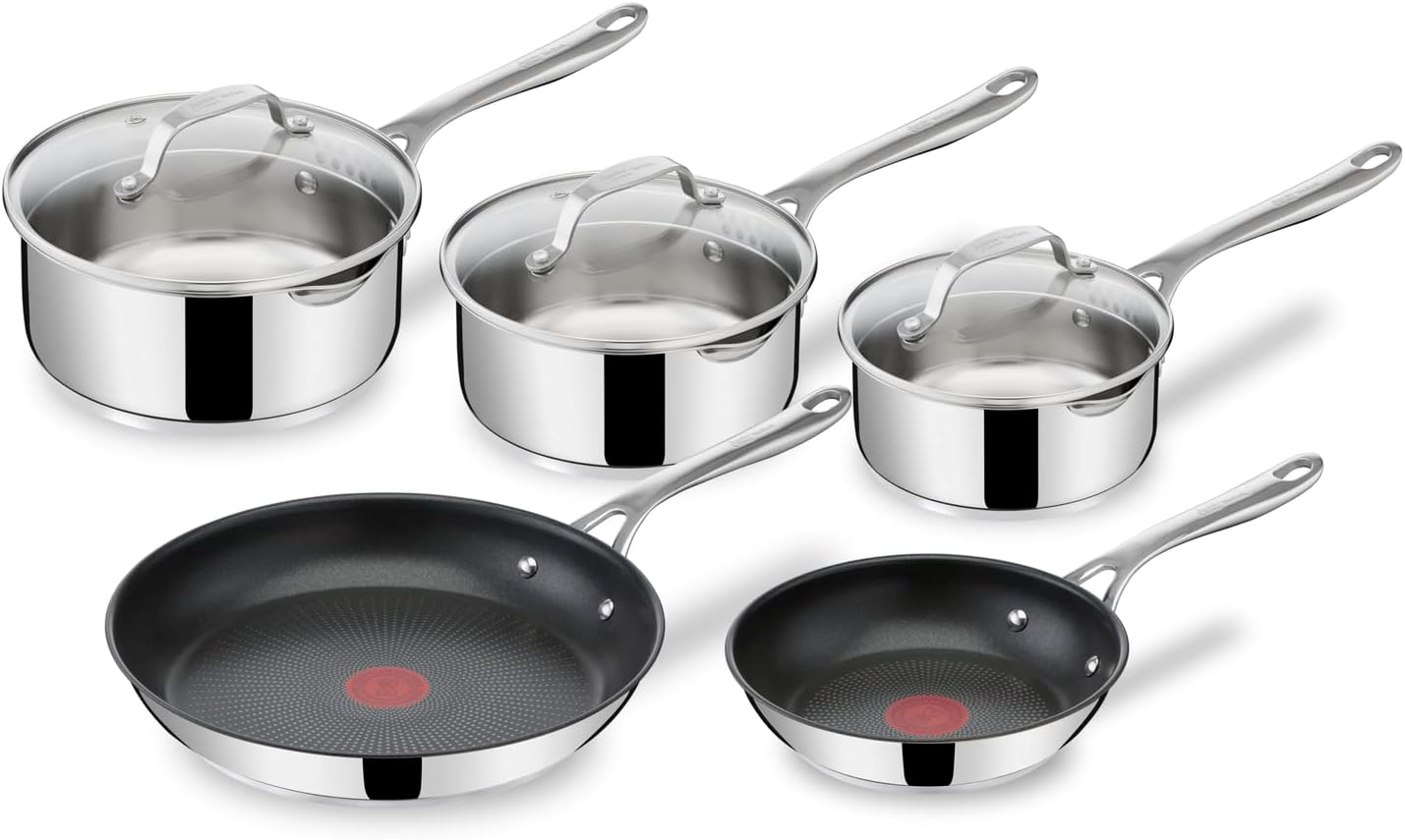 Tefal Jamie Oliver Cook's Direct On 8-teiliges Edelstahl-Pfannenset: Pfannen 20/28 cm, Stielkasserollen 16/18/20 cm + Deckel, Antihaftbeschichtung, Thermo-Signal, genieteter Griff, Induktion, E304S544