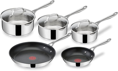 Tefal Jamie Oliver Cook's Direct On 8-teiliges Edelstahl-Pfannenset: Pfannen 20/28 cm, Stielkasserollen 16/18/20 cm + Deckel, Antihaftbeschichtung, Thermo-Signal, genieteter Griff, Induktion, E304S544