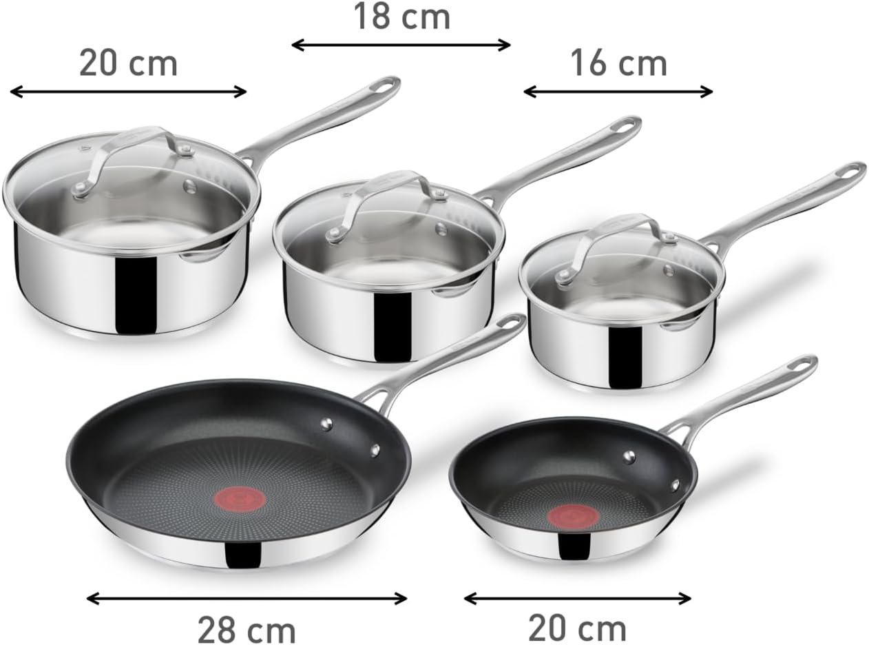 Tefal Jamie Oliver Cook's Direct On 8-teiliges Edelstahl-Pfannenset: Pfannen 20/28 cm, Stielkasserollen 16/18/20 cm + Deckel, Antihaftbeschichtung, Thermo-Signal, genieteter Griff, Induktion, E304S544