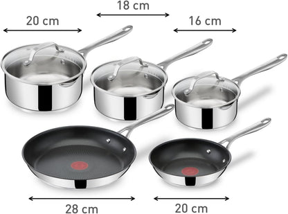 Tefal Jamie Oliver Cook's Direct On 8-teiliges Edelstahl-Pfannenset: Pfannen 20/28 cm, Stielkasserollen 16/18/20 cm + Deckel, Antihaftbeschichtung, Thermo-Signal, genieteter Griff, Induktion, E304S544