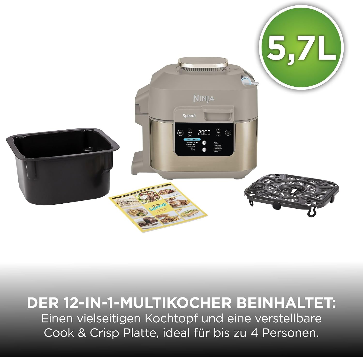 Ninja Speedi Multikocher, 5,7L, 12-in-1 Multicooker, Stone Gold ON500EUSTGD | Air fryer Heißluftfritteuse, Slow Cooker Langsamkochen, Grillen, Backen