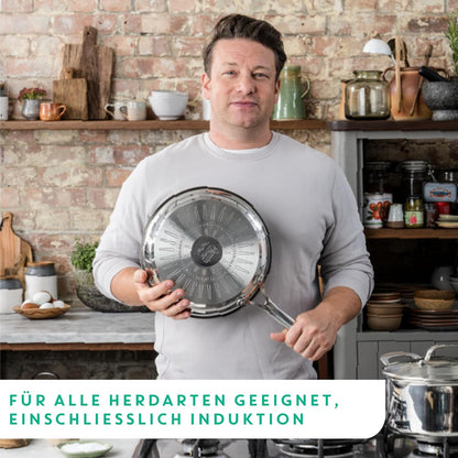 Tefal Jamie Oliver Cook's Direct On 8-teiliges Edelstahl-Pfannenset: Pfannen 20/28 cm, Stielkasserollen 16/18/20 cm + Deckel, Antihaftbeschichtung, Thermo-Signal, genieteter Griff, Induktion, E304S544