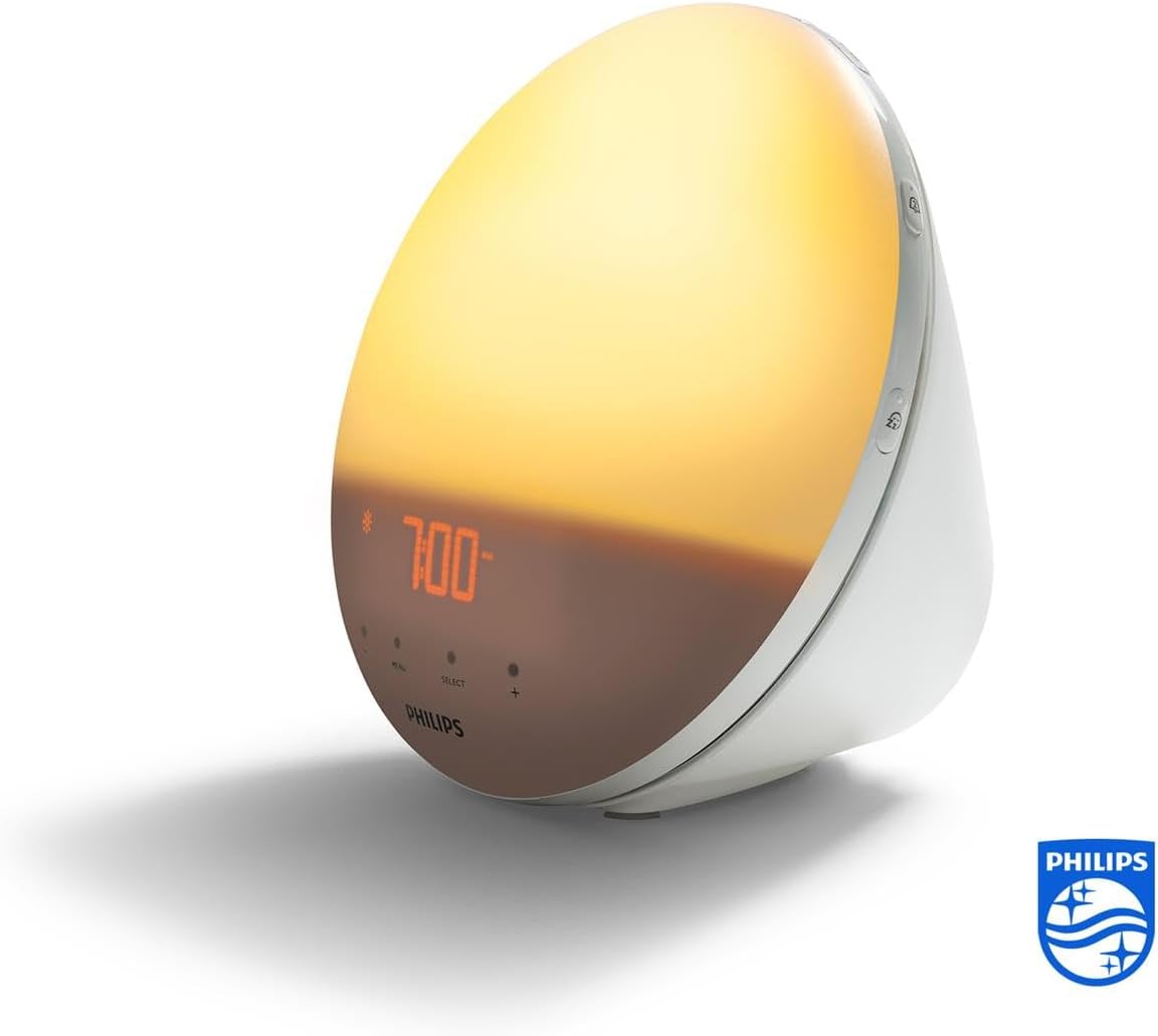 Philips Wake-up Light, farbige Sonnenaufgangssimulation, 20 Lichtstärken, 7 natürliche Klänge, Mitternachtslicht (Modell HF3531/01)