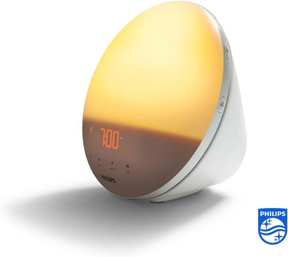 Philips Wake-up Light, farbige Sonnenaufgangssimulation, 20 Lichtstärken, 7 natürliche Klänge, Mitternachtslicht (Modell HF3531/01)