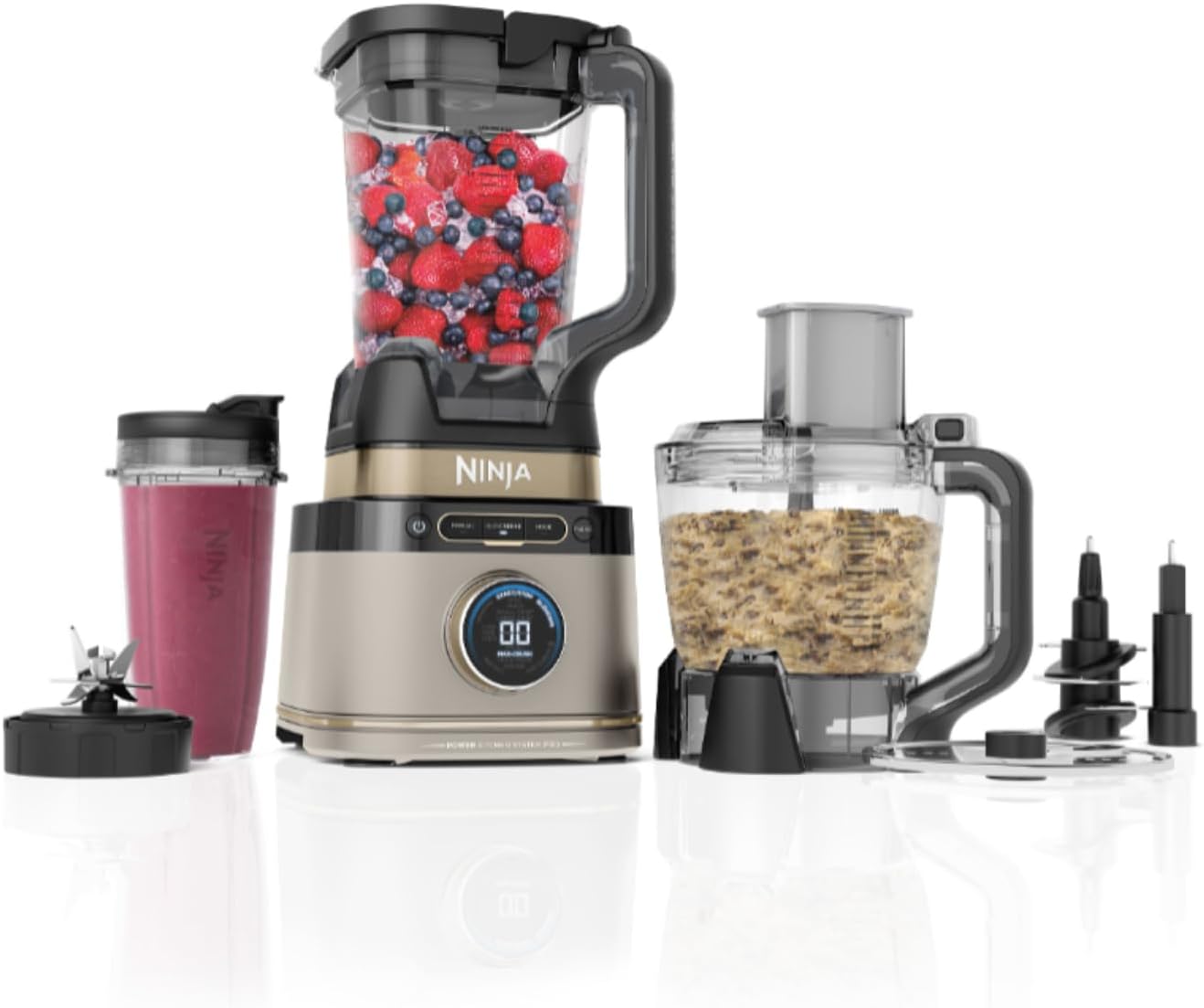 Ninja 3-in-1 Detect Power Blender Processor Pro, Stone Gold, TB401EUSTGD | kraftvolle 1200W Küchenmaschine, Single Serve & Knethaken, 3x Single Serve Tassen, Krug, Teig, mischen & hacken