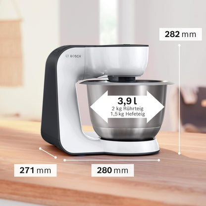 Bosch Küchenmaschine Serie 4 MUM54A00, Edelstahl-Schüssel 3,9 L, Planetenrührwerk, Knethaken, Schlag-, Rührbesen, 900 W, Weiß/Schwarz