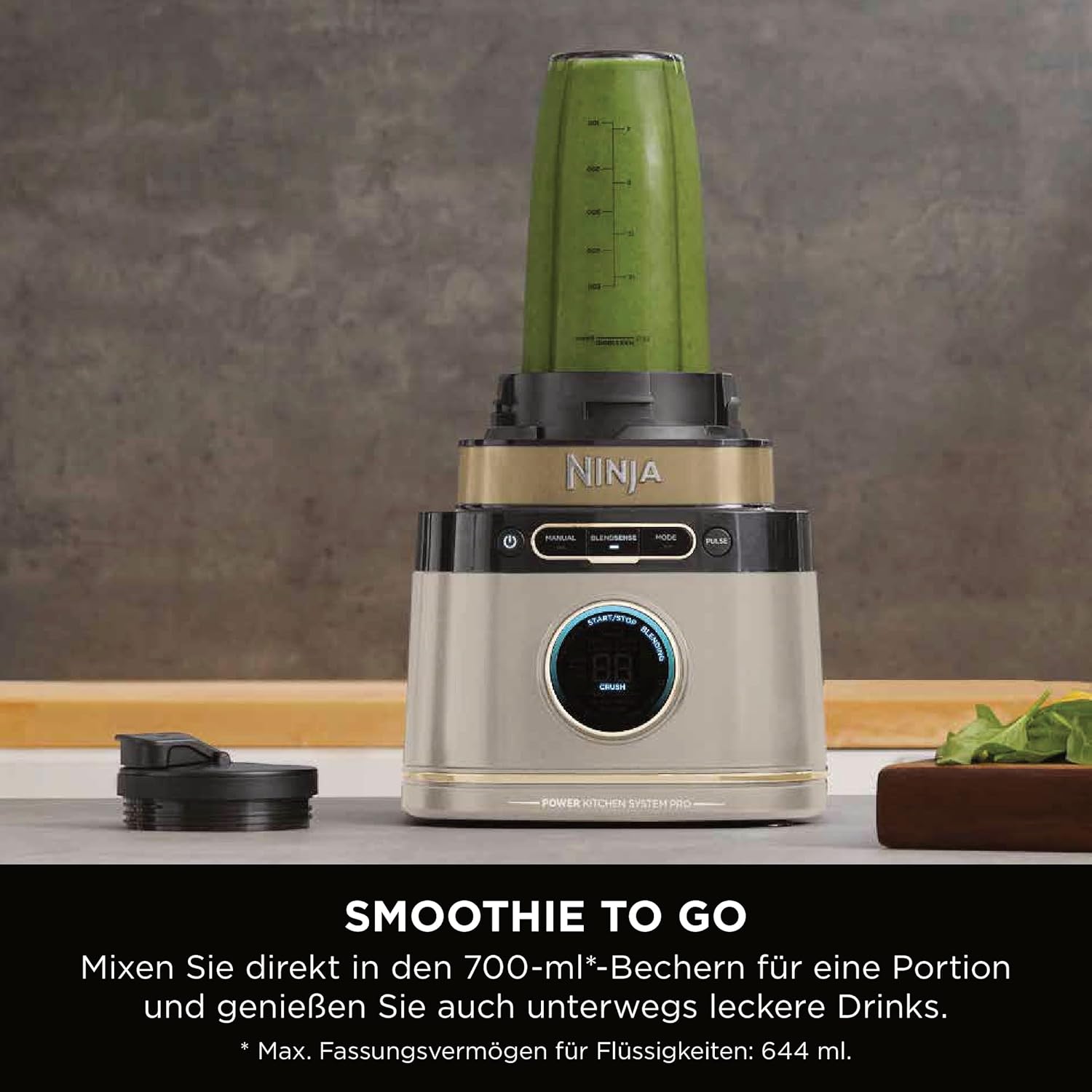 Ninja 3-in-1 Detect Power Blender Processor Pro, Stone Gold, TB401EUSTGD | kraftvolle 1200W Küchenmaschine, Single Serve & Knethaken, 3x Single Serve Tassen, Krug, Teig, mischen & hacken