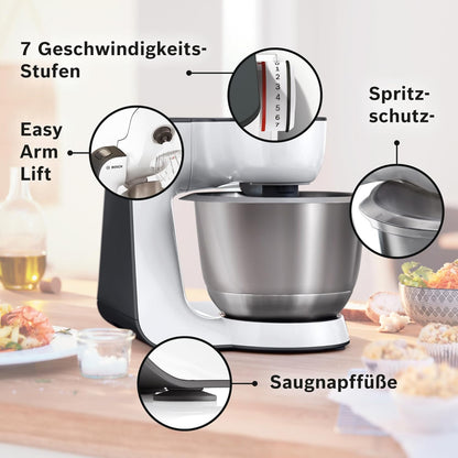 Bosch Küchenmaschine Serie 4 MUM54A00, Edelstahl-Schüssel 3,9 L, Planetenrührwerk, Knethaken, Schlag-, Rührbesen, 900 W, Weiß/Schwarz