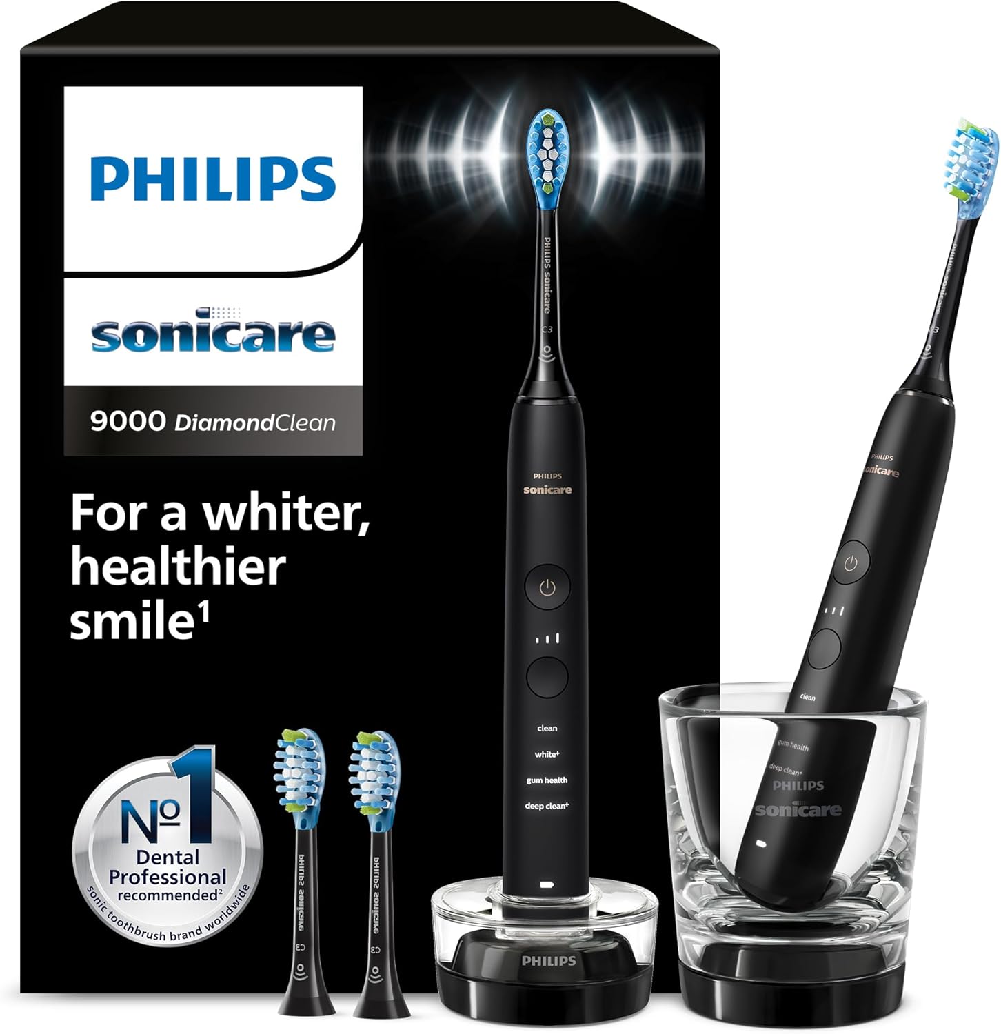 Philips Sonicare DiamondClean 9000 elektrische Zahnbürste, Doppelpack, Schallzahnbürste. Ladeglas,  Modell HX9914/63