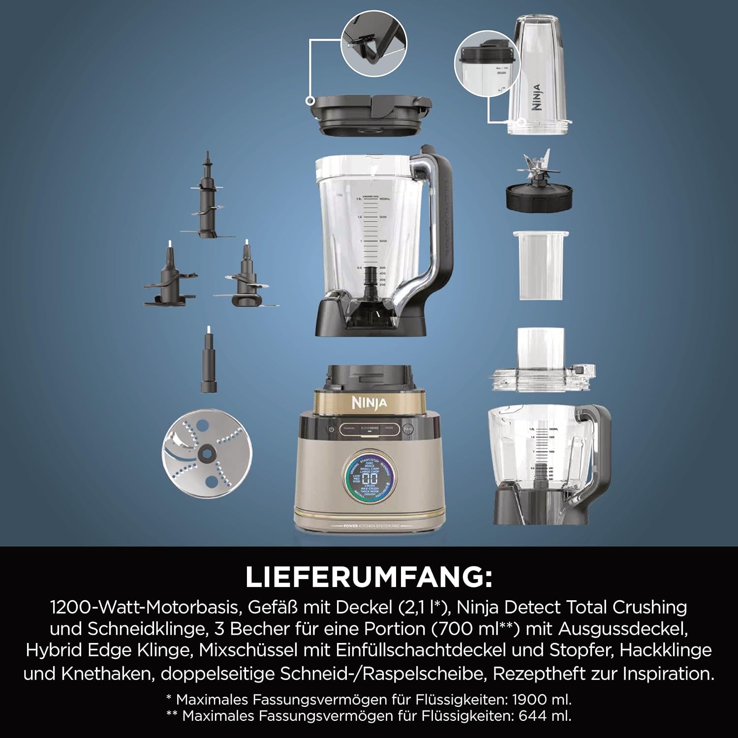 Ninja 3-in-1 Detect Power Blender Processor Pro, Stone Gold, TB401EUSTGD | kraftvolle 1200W Küchenmaschine, Single Serve & Knethaken, 3x Single Serve Tassen, Krug, Teig, mischen & hacken