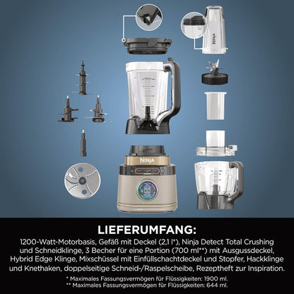 Ninja 3-in-1 Detect Power Blender Processor Pro, Stone Gold, TB401EUSTGD | kraftvolle 1200W Küchenmaschine, Single Serve & Knethaken, 3x Single Serve Tassen, Krug, Teig, mischen & hacken