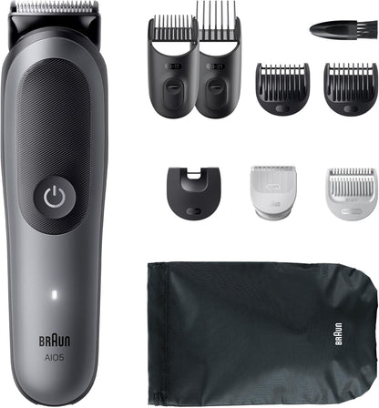 Braun Multigroom All-in-One Series 5, 9-in-1 Trimmer-Set 5, AIO5545, Grau | Barttrimmer, Haarschneider, Haarschneidemaschine für Gesicht, Kopf Und Körper, 14 Längen, 120 Min. Akku, Wasserdicht