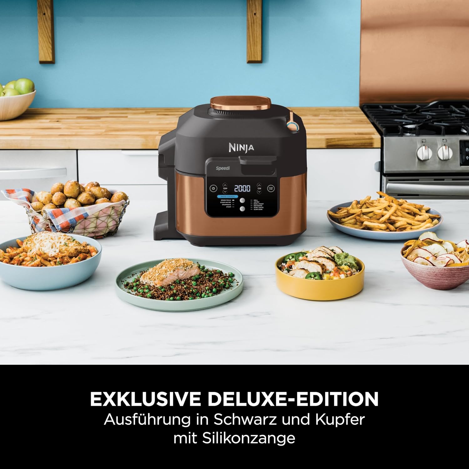 Ninja Speedi Multikocher, 5,7L, 10-in-1 Multicooker, Airfryer Fritteuse, Slow Cooker Langsamkochen, Grillen, Backen, Schwarz & Kupfer ON400EUCP