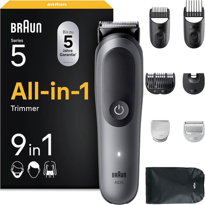 Braun Multigroom All-in-One Series 5, 9-in-1 Trimmer-Set 5, AIO5545, Grau | Barttrimmer, Haarschneider, Haarschneidemaschine für Gesicht, Kopf Und Körper, 14 Längen, 120 Min. Akku, Wasserdicht